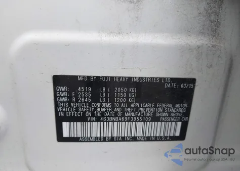 2015 Subaru Legacy 2.5I z USA, uszkodzony, nr VIN 4S3BNBA69F3055109